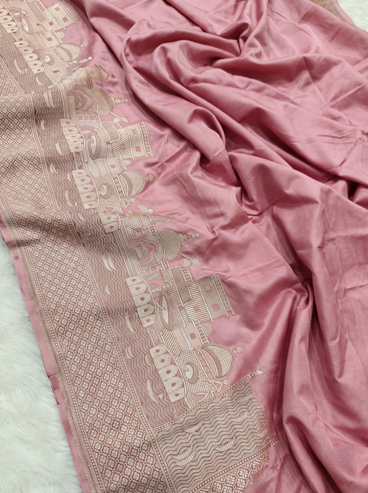Baby Pink Shade Handwoven Kataan Mashru Silk Banaras Ghat Saree