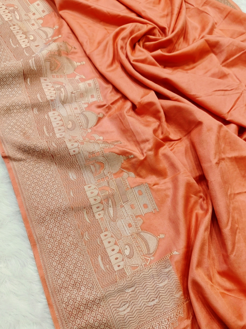Peach Shade Handwoven Kataan Mashru Silk Banarasi Ghat Saree