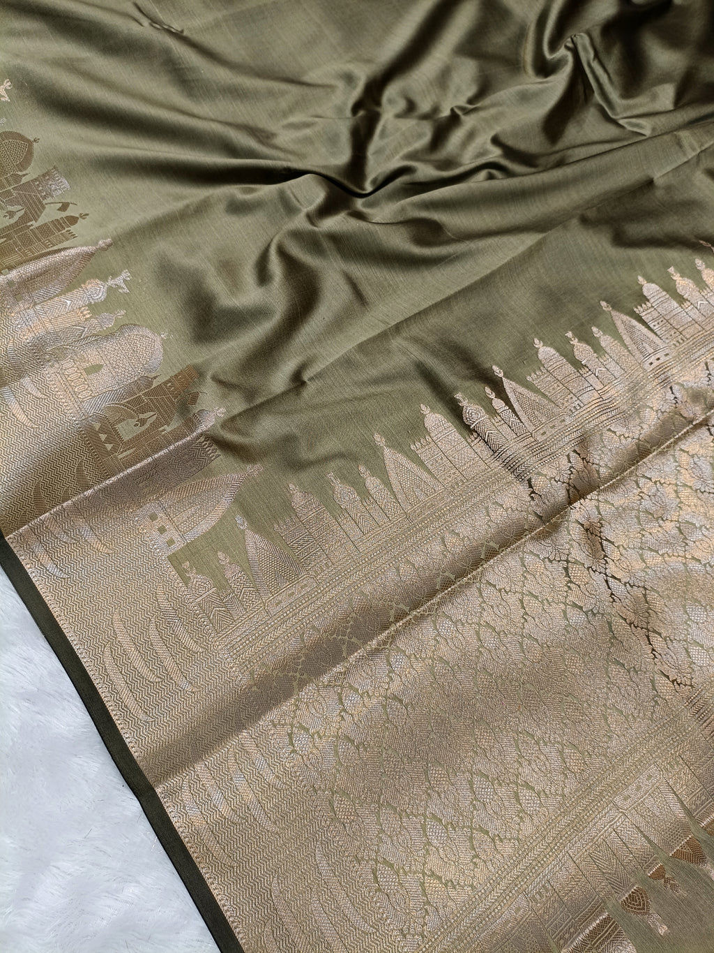 Olive Shade Paper Silk Banarasi Ghat Saree