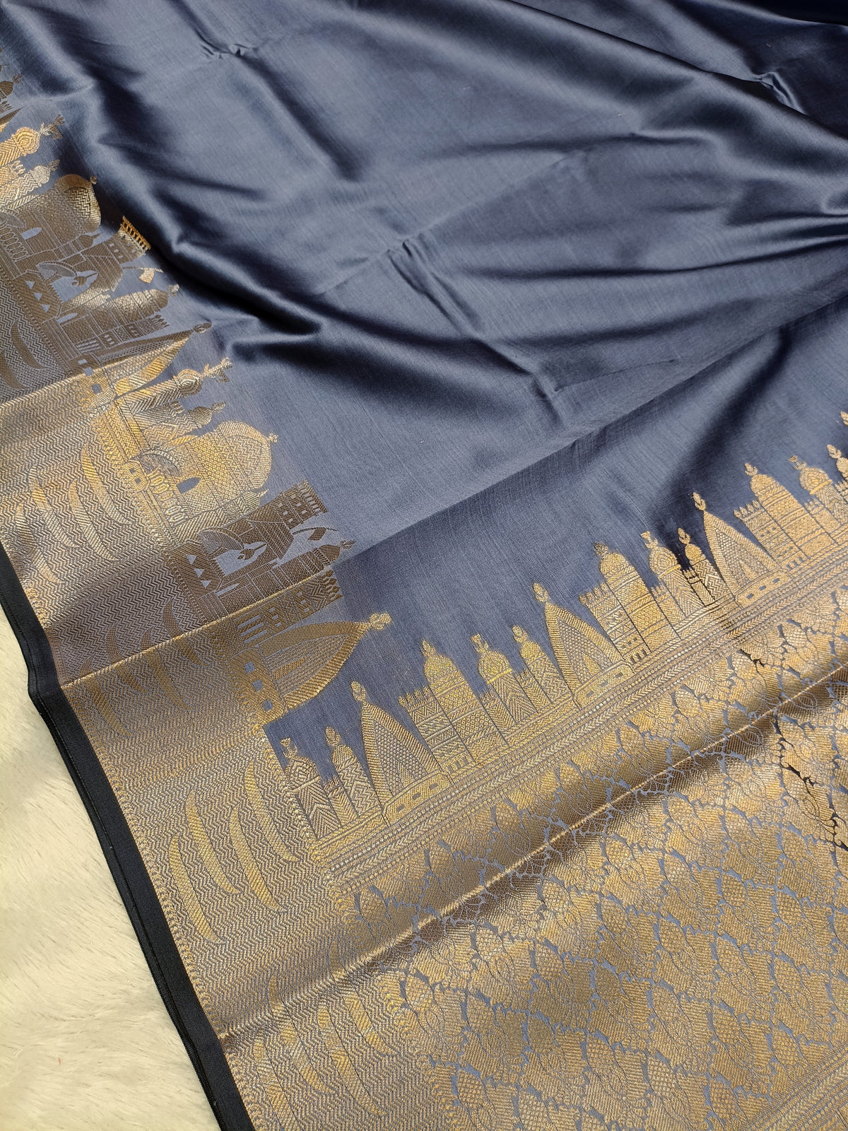 Ash Grey Shade Paper Silk Banarasi Ghat Saree