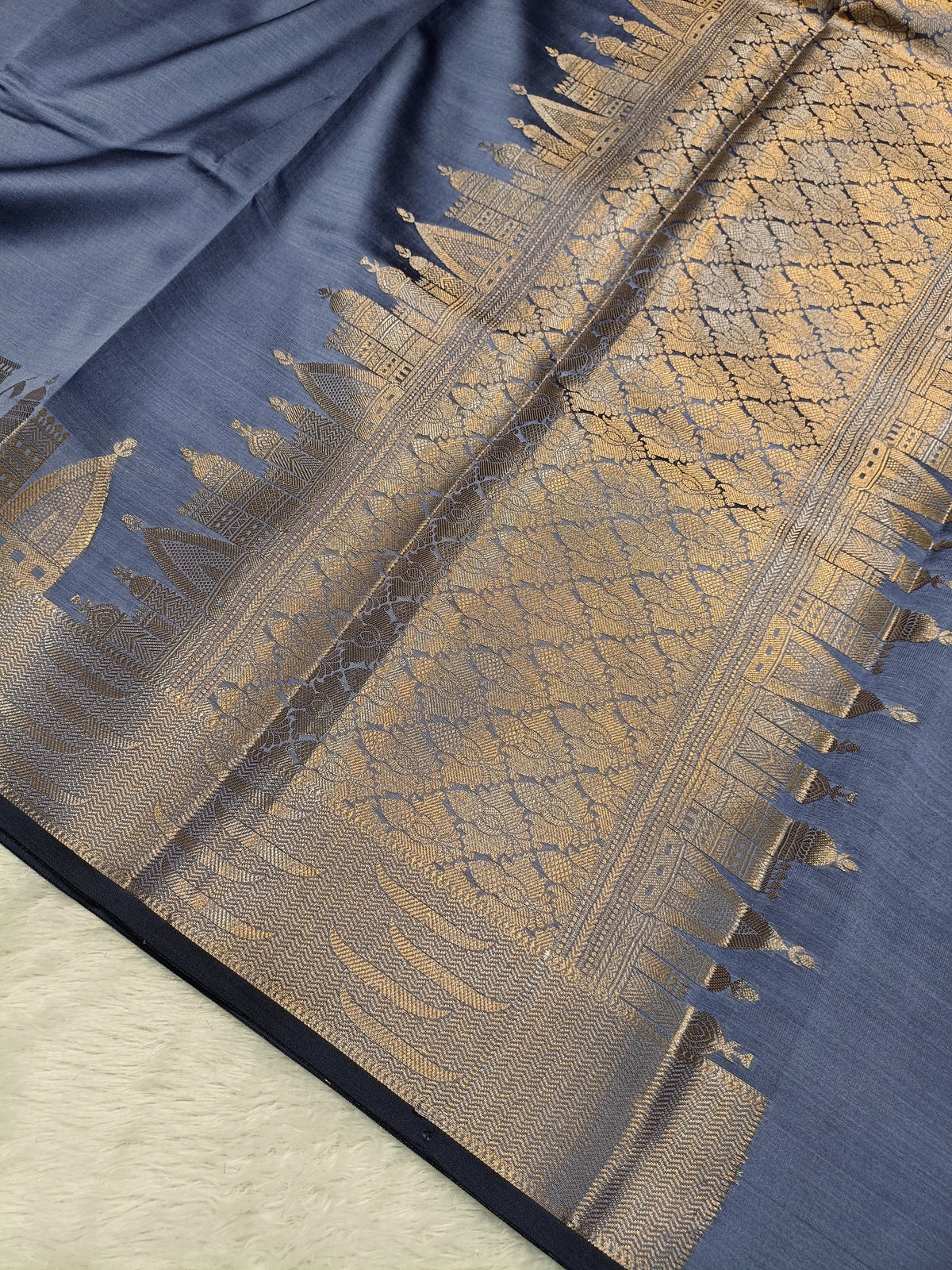Ash Grey Shade Paper Silk Banarasi Ghat Saree