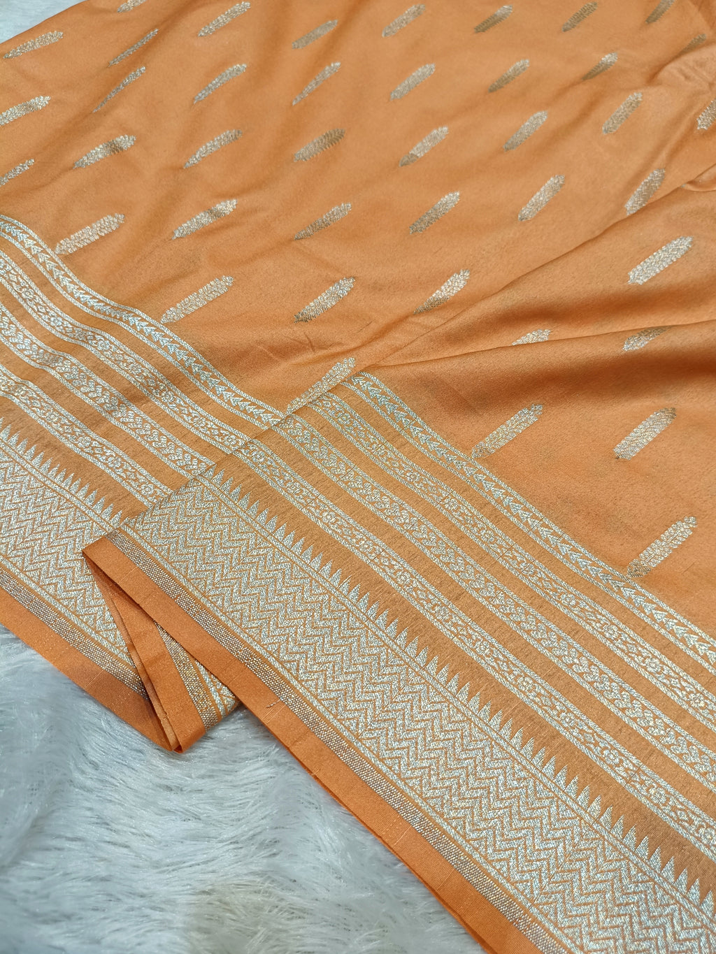 Peach Orange Shade Handwoven Kataan Silk Banarasi