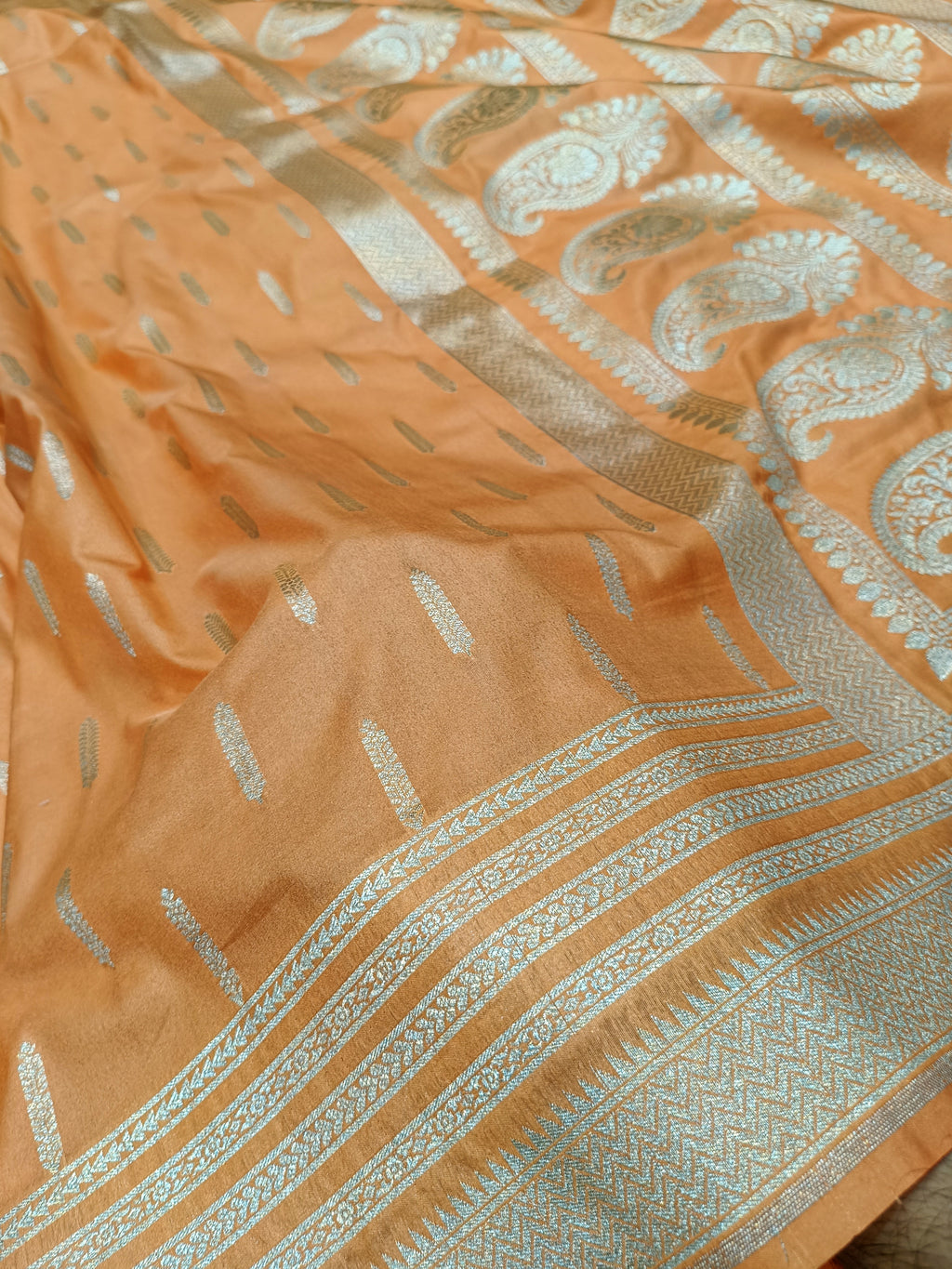 Peach Orange Shade Handwoven Kataan Silk Banarasi