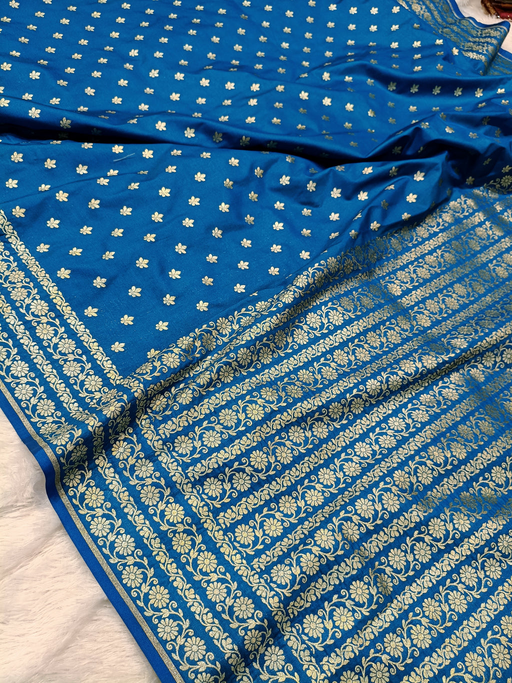 Cobalt Blue Shade Handwoven Paper Kataan Silk Banarasi