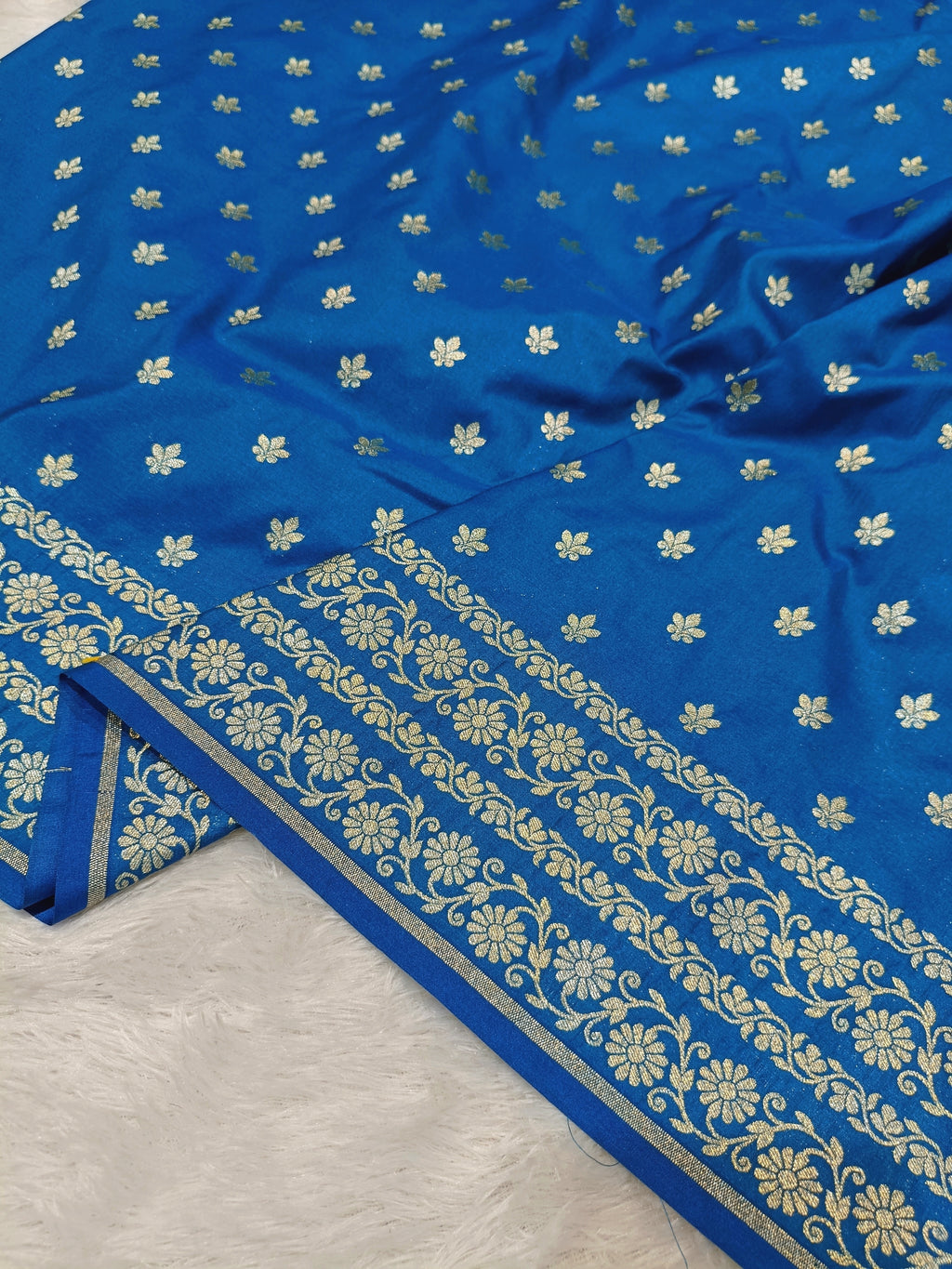 Cobalt Blue Shade Handwoven Paper Kataan Silk Banarasi