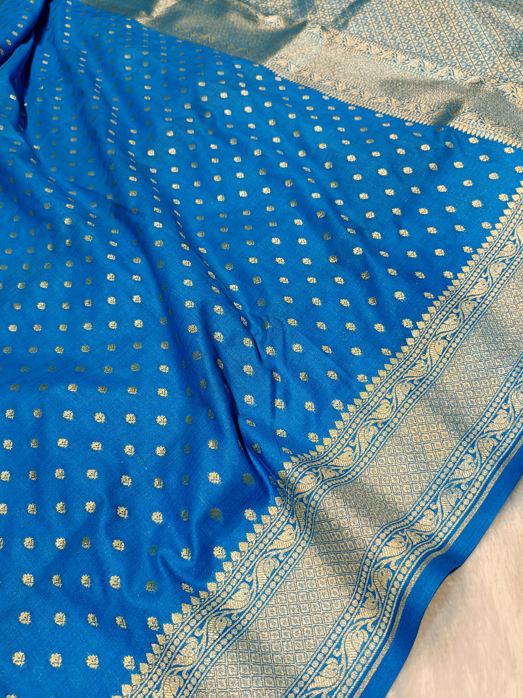 Cobalt Blue Shade Handwoven Paper Kataan Silk Banarasi
