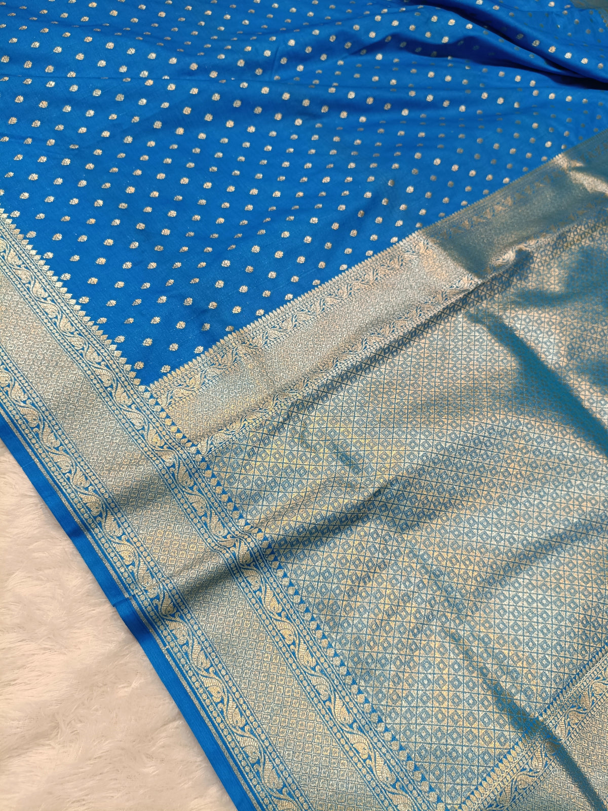 Cobalt Blue Shade Handwoven Paper Kataan Silk Banarasi