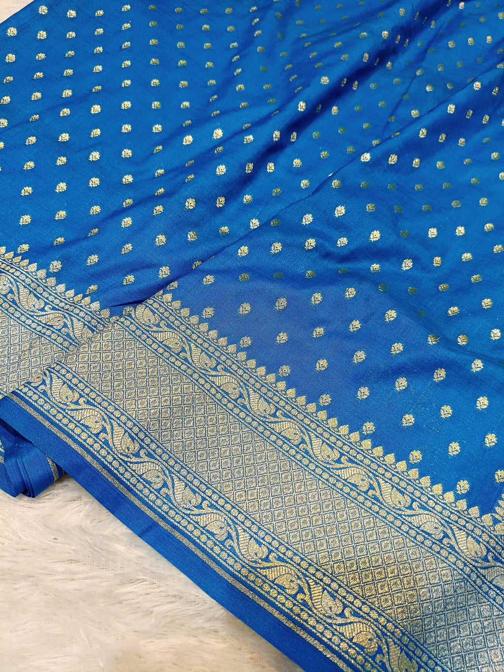Cobalt Blue Shade Handwoven Paper Kataan Silk Banarasi
