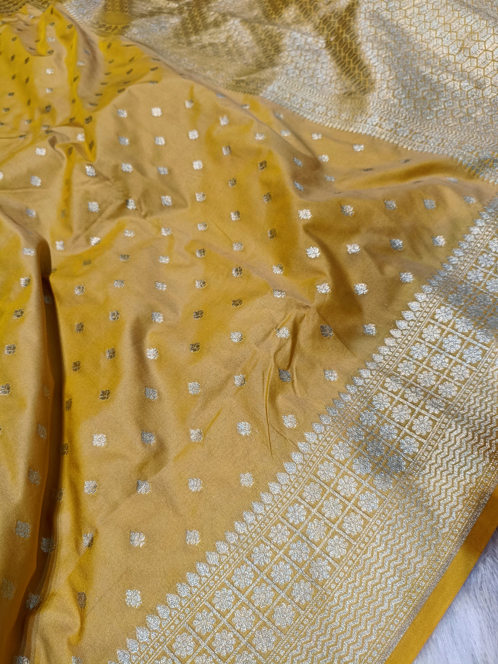 Mustard Yellow Shade Handwoven Paper Kataan Silk Saree