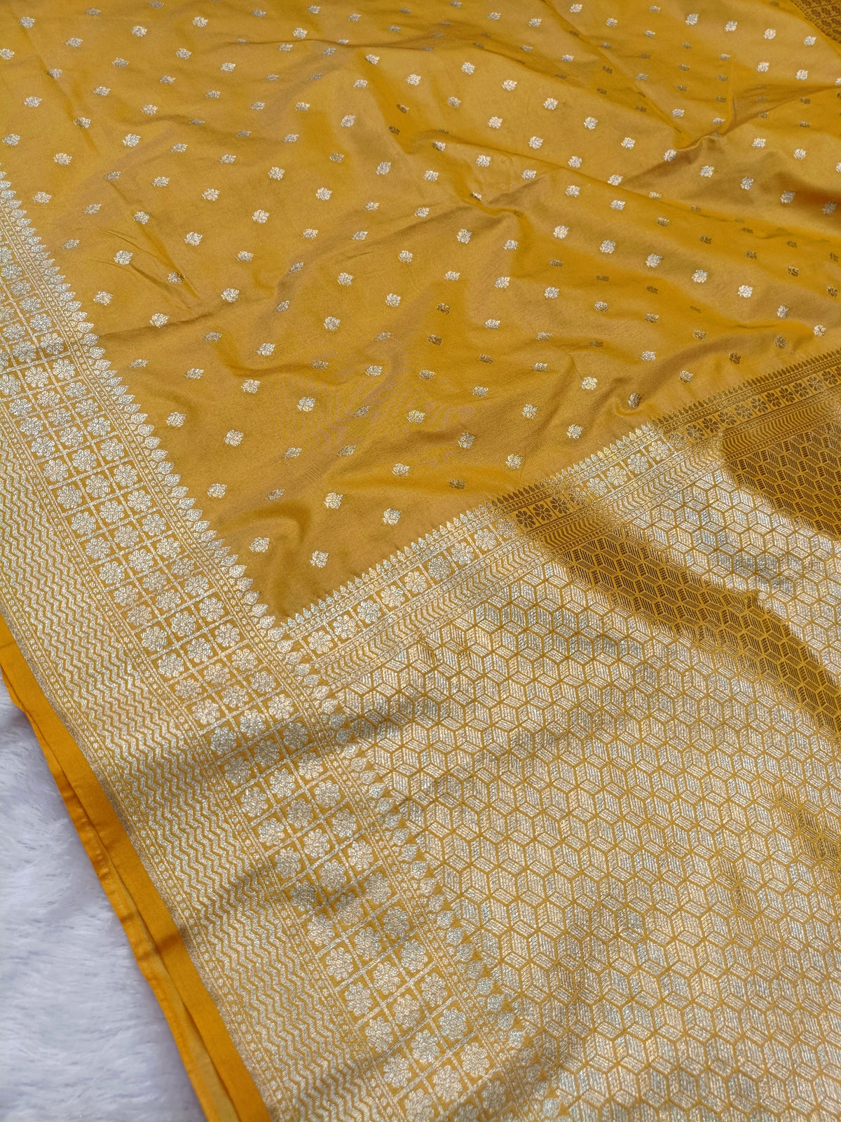 Mustard Yellow Shade Handwoven Paper Kataan Silk Saree