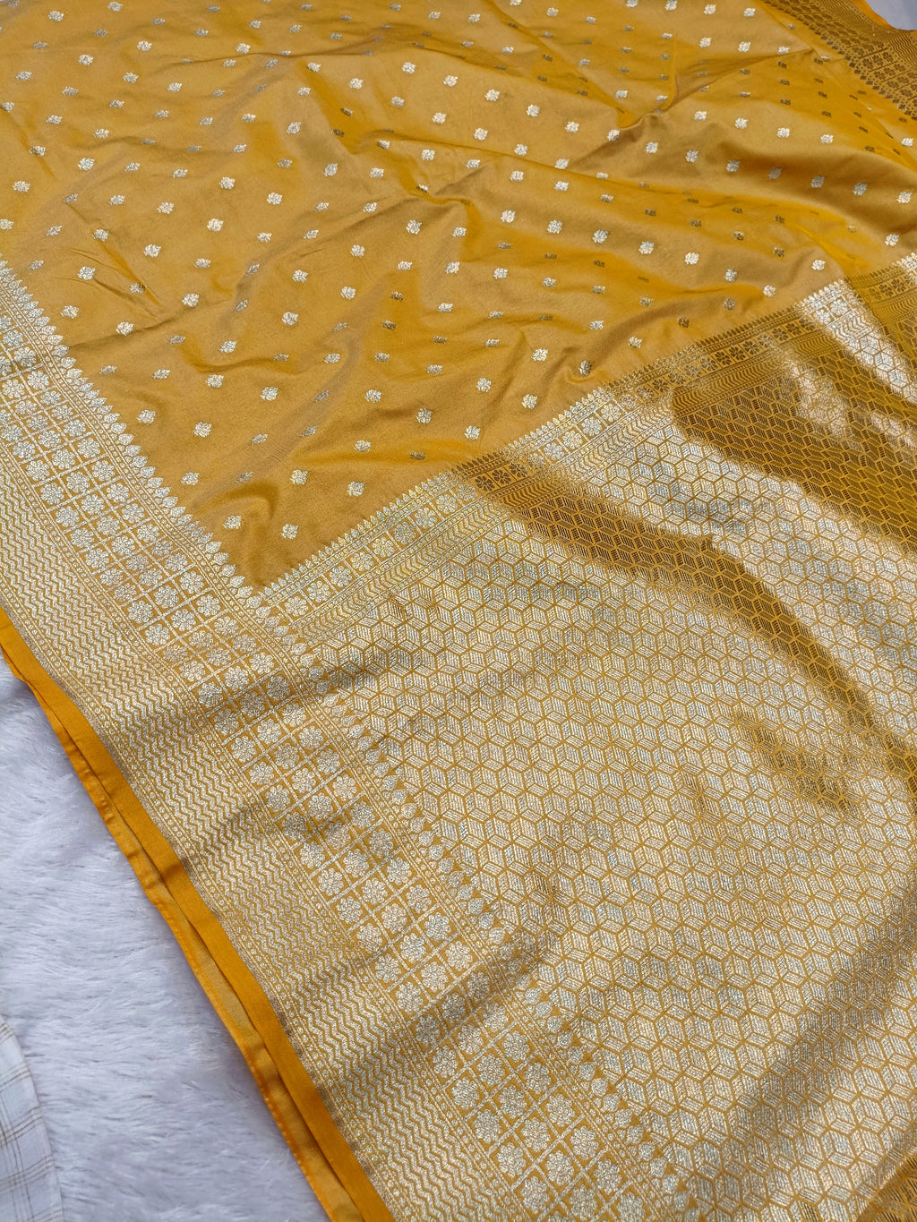 Mustard Yellow Shade Handwoven Paper Kataan Silk Saree