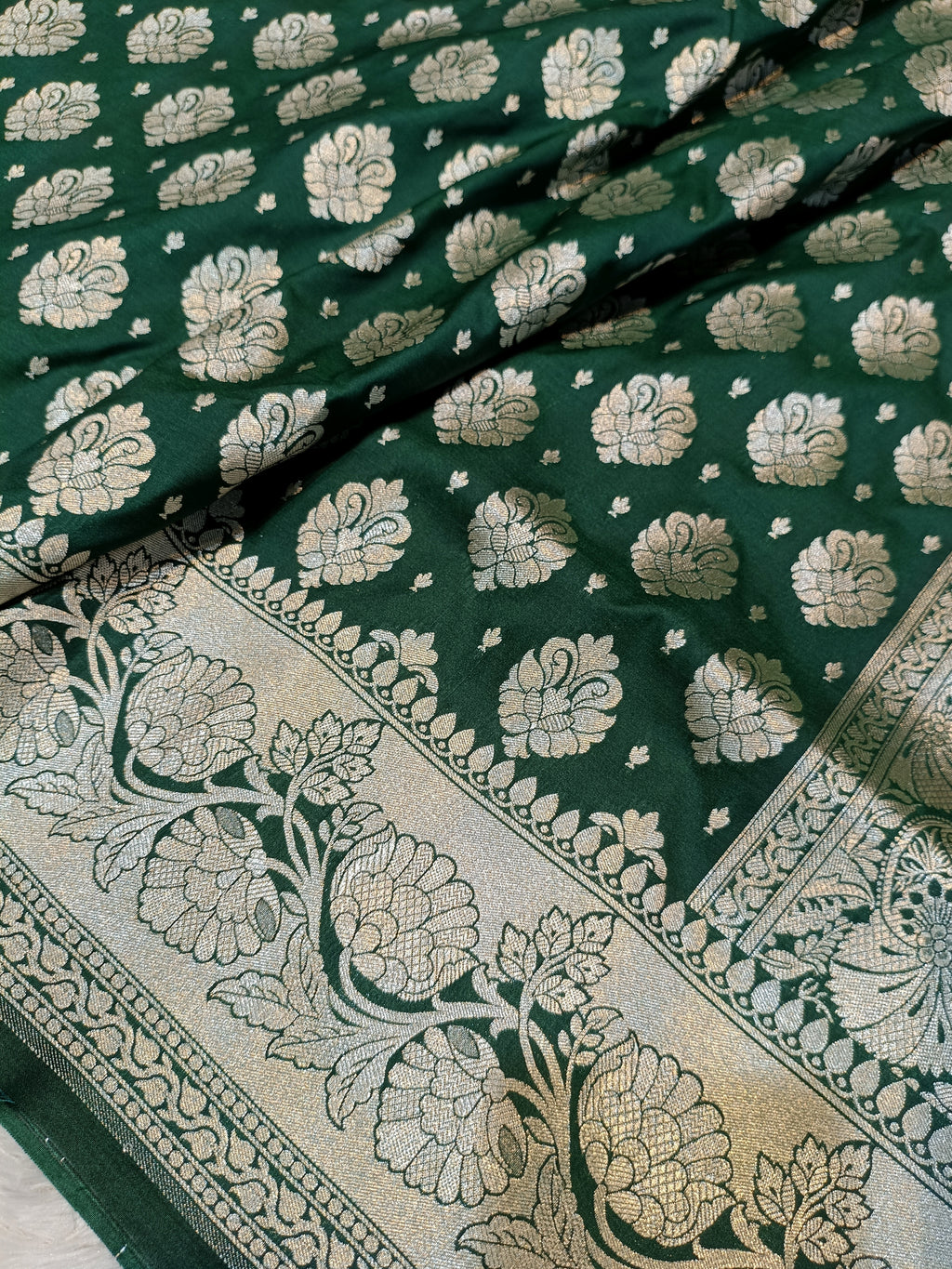 Bottle Green Shade Handwoven Paper Kataan Silk Saree