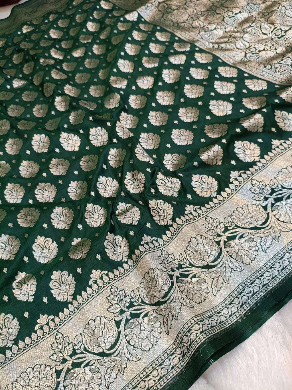 Bottle Green Shade Handwoven Paper Kataan Silk Saree