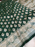 Bottle Green Shade Handwoven Paper Kataan Silk Saree