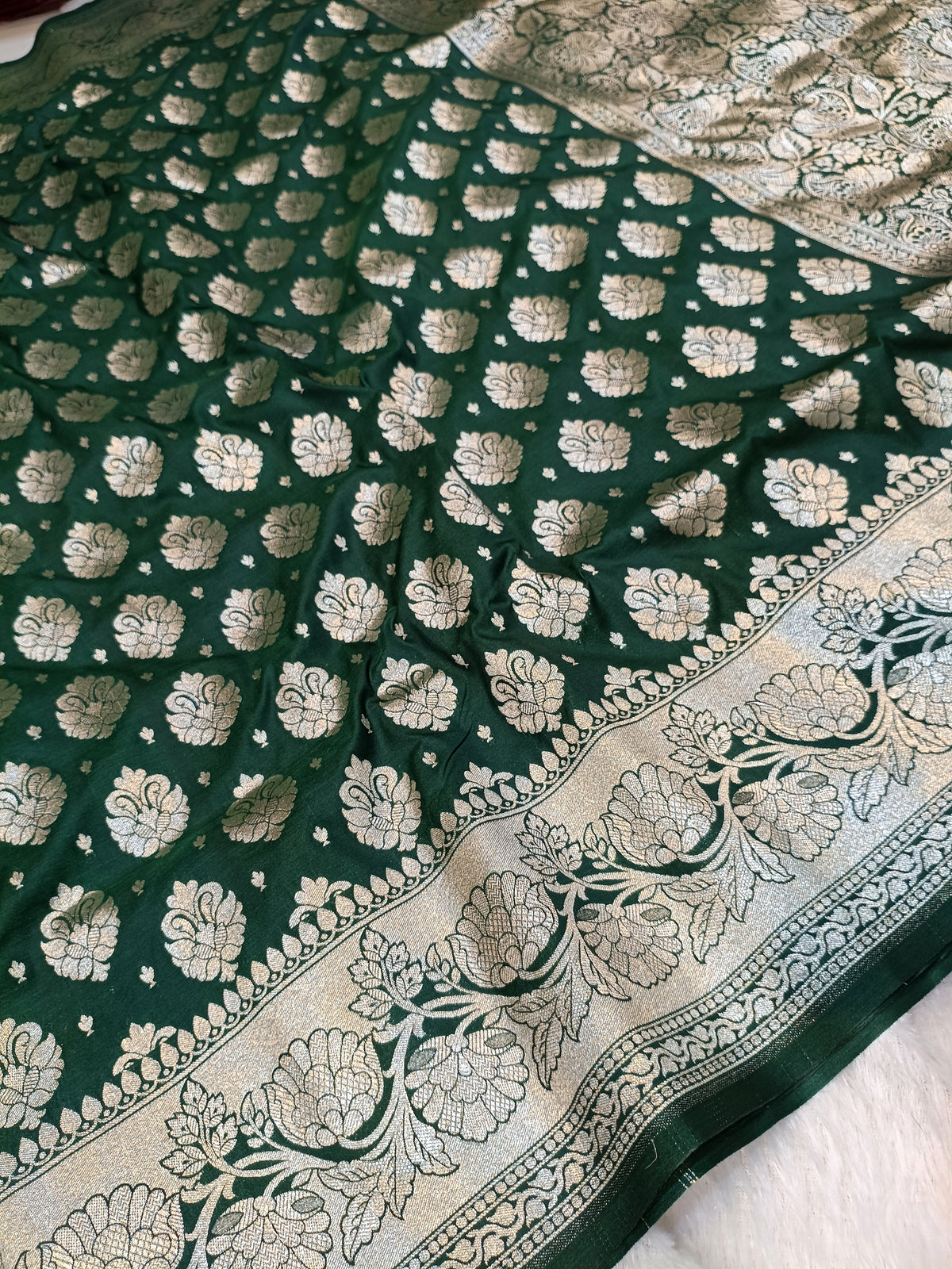 Bottle Green Shade Handwoven Paper Kataan Silk Saree