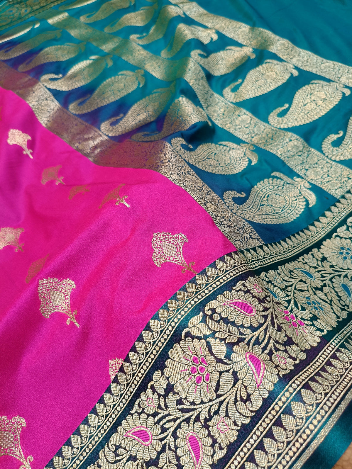 Rani Pink with Sea Green Shade Handwoven Paper Kataan Silk Meena Border