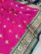 Rani Pink with Sea Green Shade Handwoven Paper Kataan Silk Meena Border