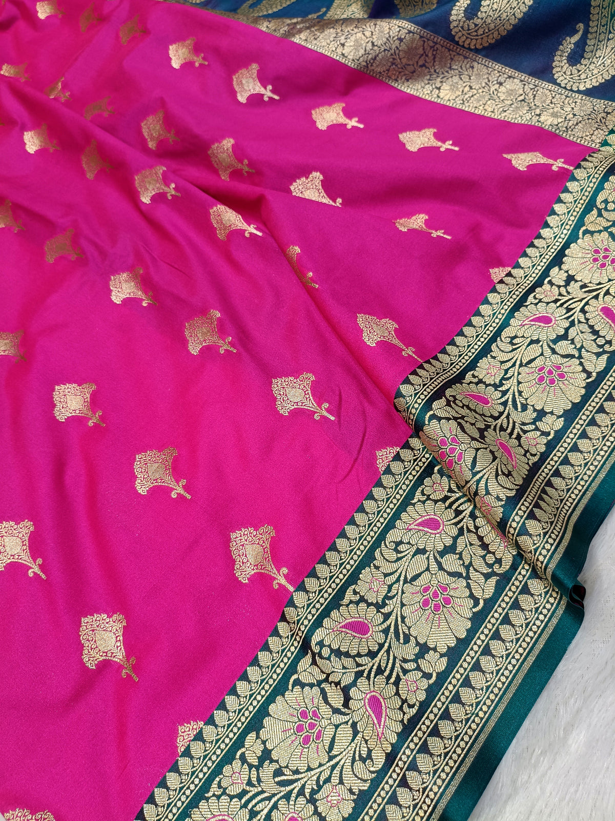 Rani Pink with Sea Green Shade Handwoven Paper Kataan Silk Meena Border
