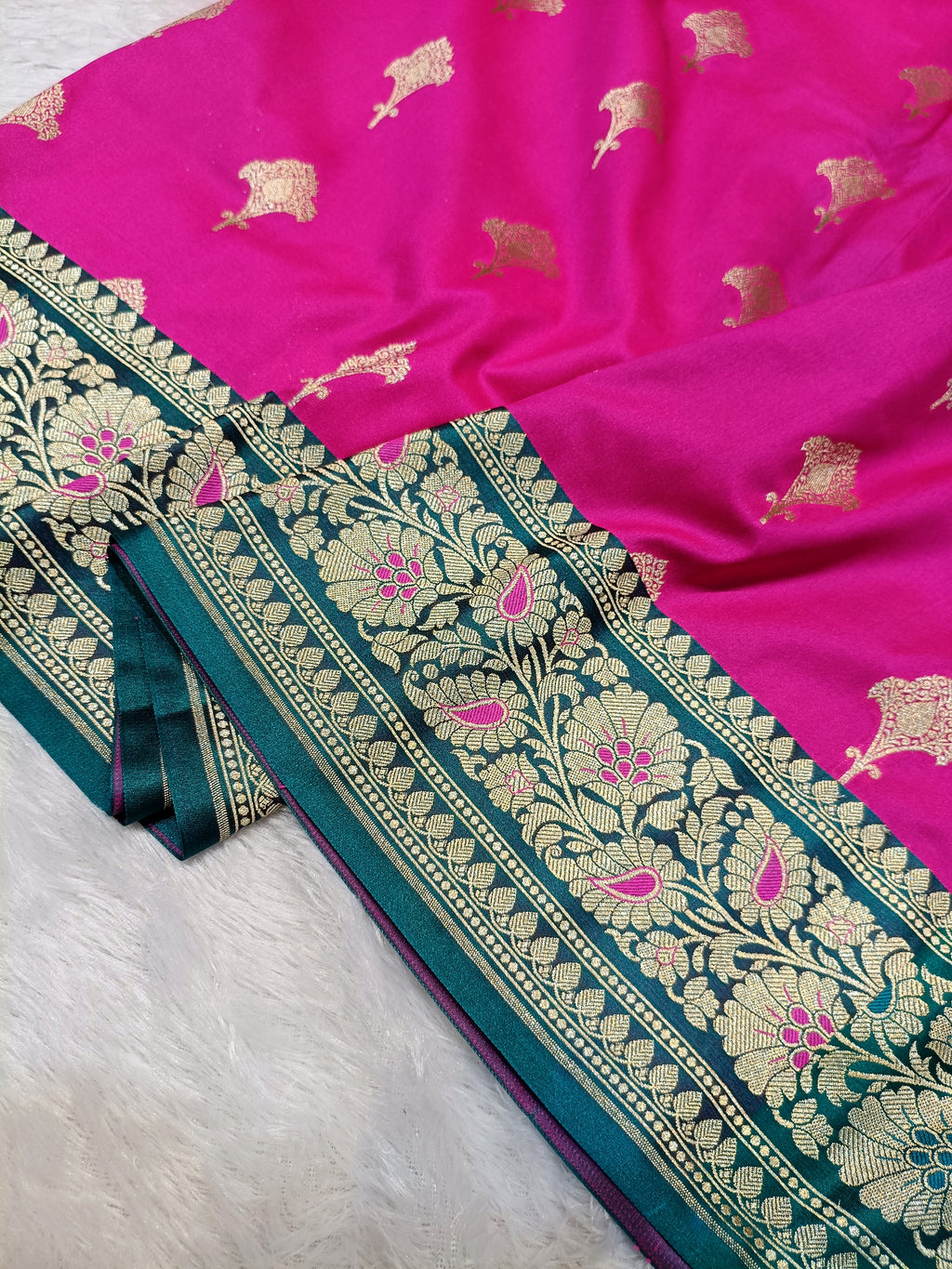 Rani Pink with Sea Green Shade Handwoven Paper Kataan Silk Meena Border