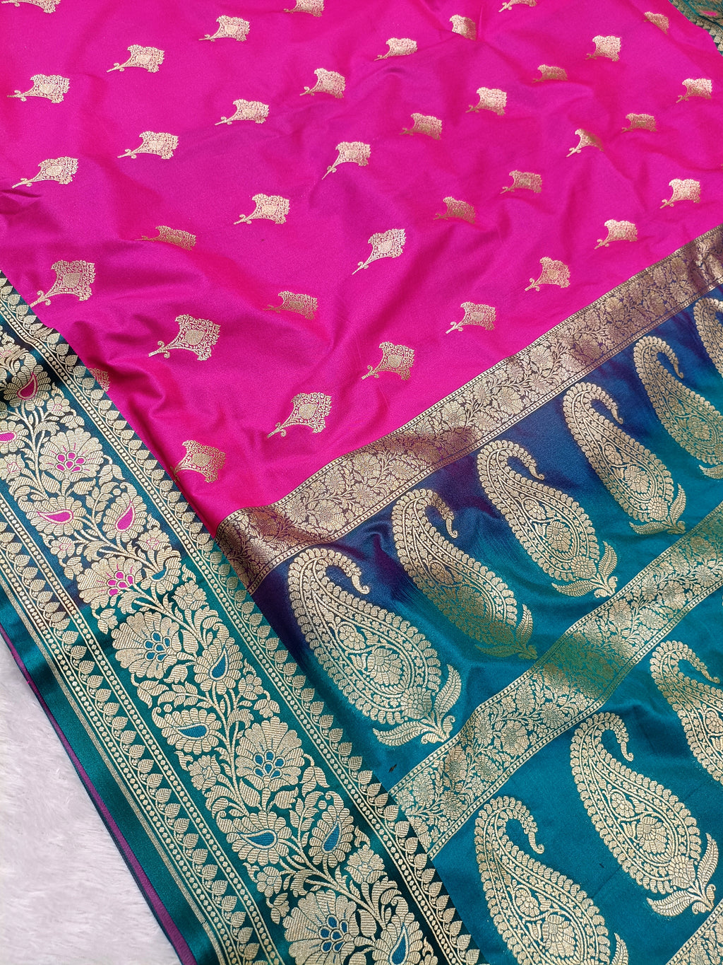 Rani Pink with Sea Green Shade Handwoven Paper Kataan Silk Meena Border