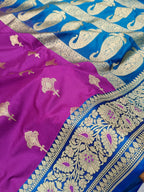 Magenta with Firozi Blue Shade Handwoven Paper Kataan Silk Meena Border
