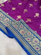 Magenta with Firozi Blue Shade Handwoven Paper Kataan Silk Meena Border