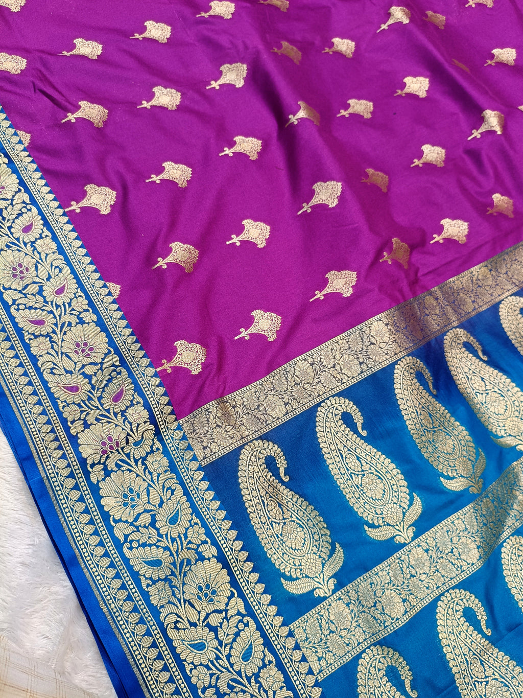 Magenta with Firozi Blue Shade Handwoven Paper Kataan Silk Meena Border
