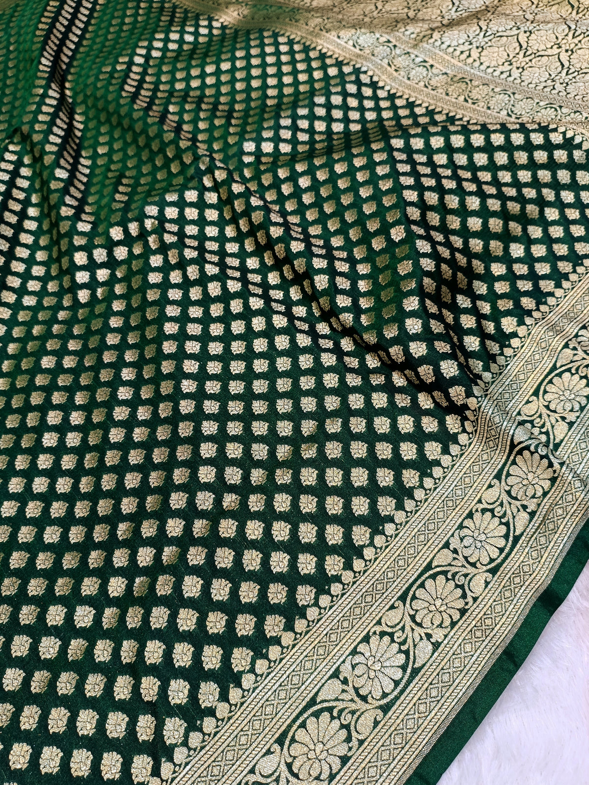 Bottle Green Shade Handwoven Paper Kataan Silk Saree