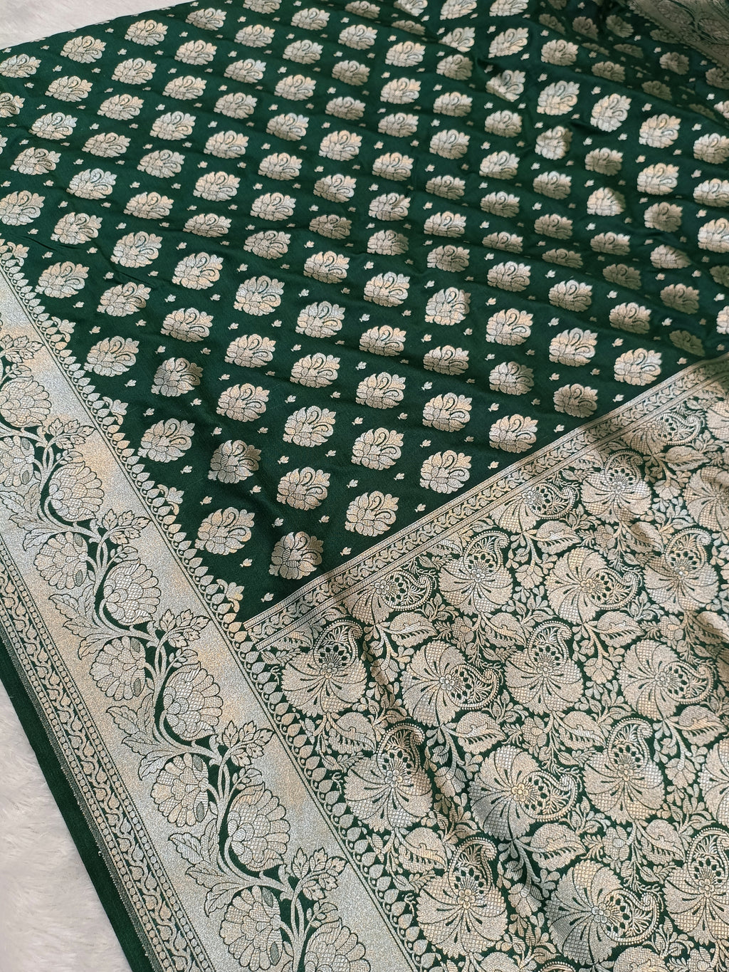 Bottle Green Shade Handwoven Paper Kataan Silk Saree