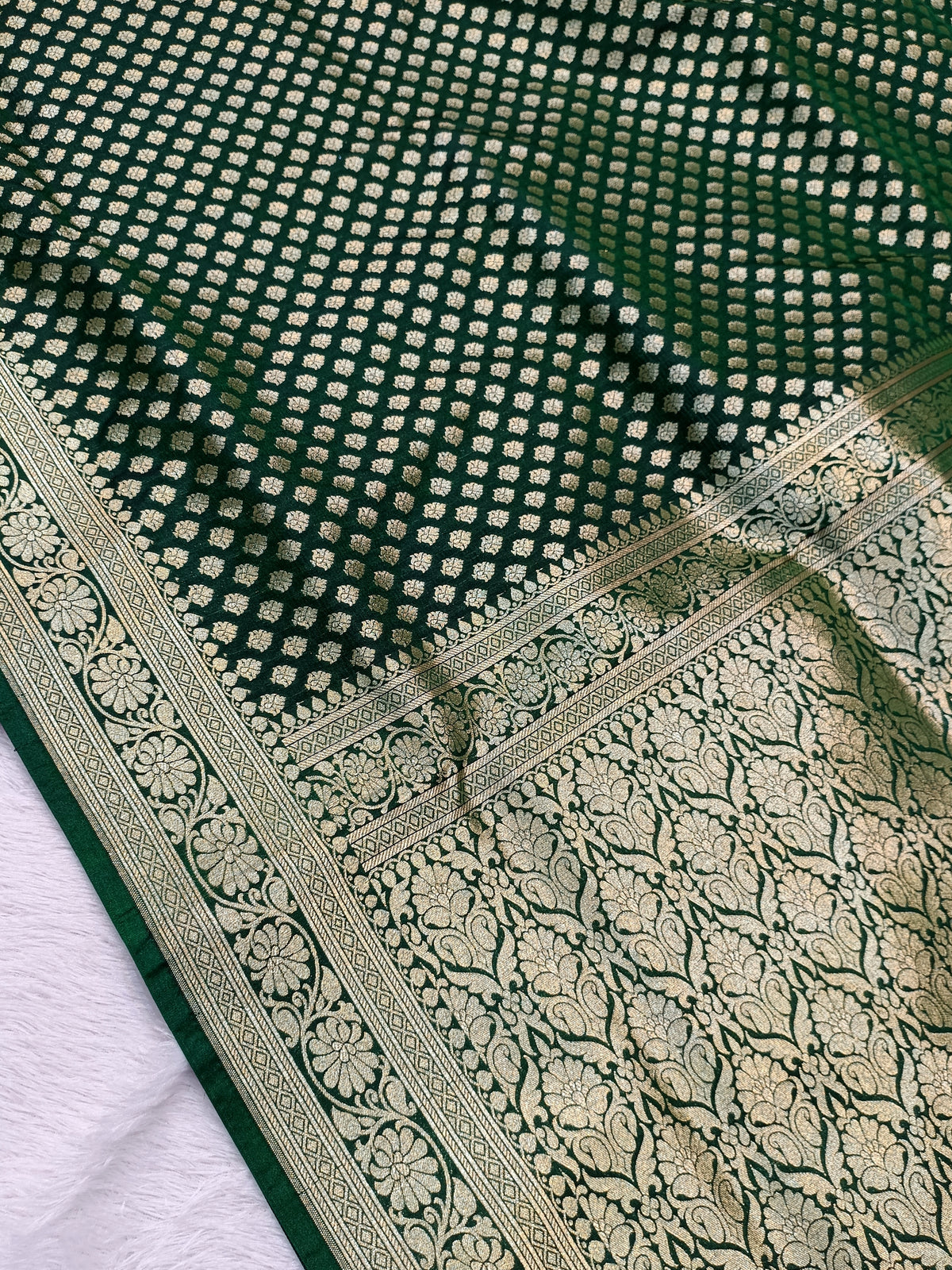 Bottle Green Shade Handwoven Paper Kataan Silk Saree