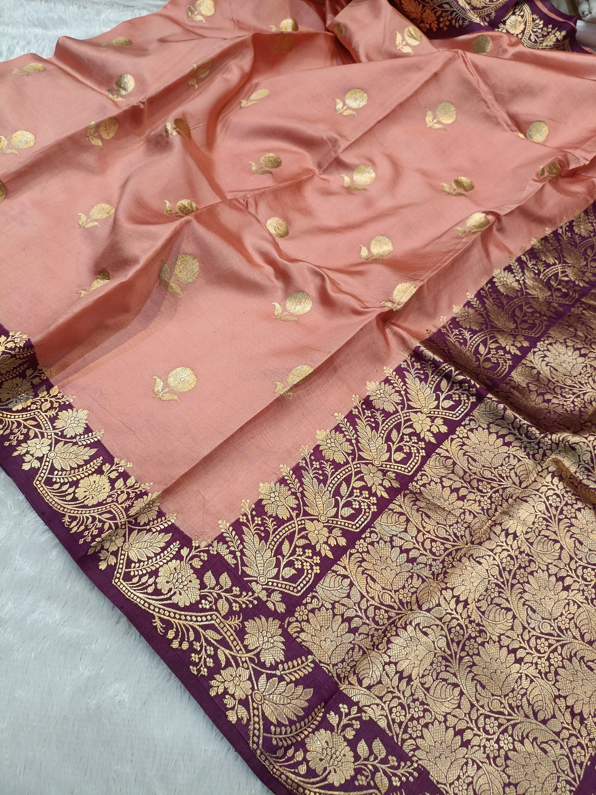 Peach with Wine Shade Handwoven High Percentage Kataan Silk Saree