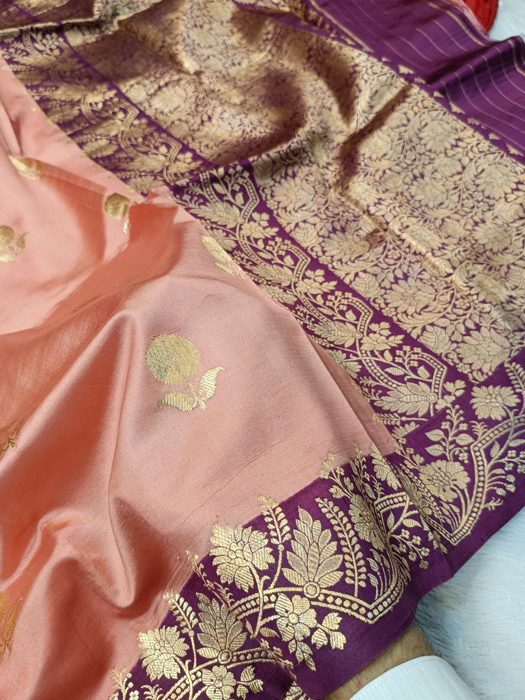 Peach with Wine Shade Handwoven High Percentage Kataan Silk Saree