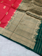 Strawberry Red With Green Shade Handwoven High Percentage Kataan Silk Banarasi