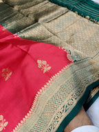 Strawberry Red With Green Shade Handwoven High Percentage Kataan Silk Banarasi