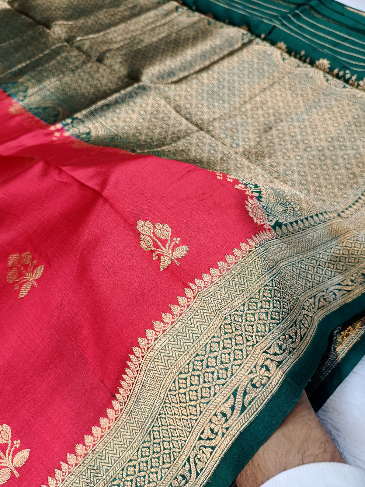 Strawberry Red With Green Shade Handwoven High Percentage Kataan Silk Banarasi
