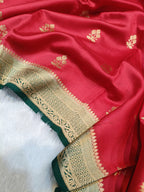 Strawberry Red With Green Shade Handwoven High Percentage Kataan Silk Banarasi