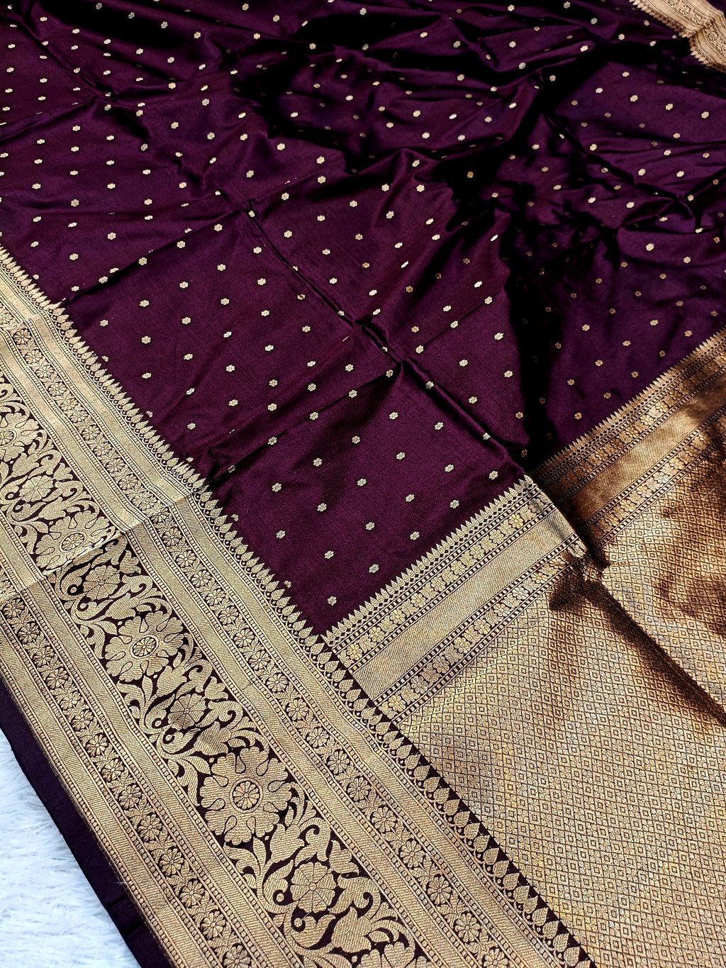 Wine Purple Shade Handwoven High Percentage Kataan Silk Banarasi