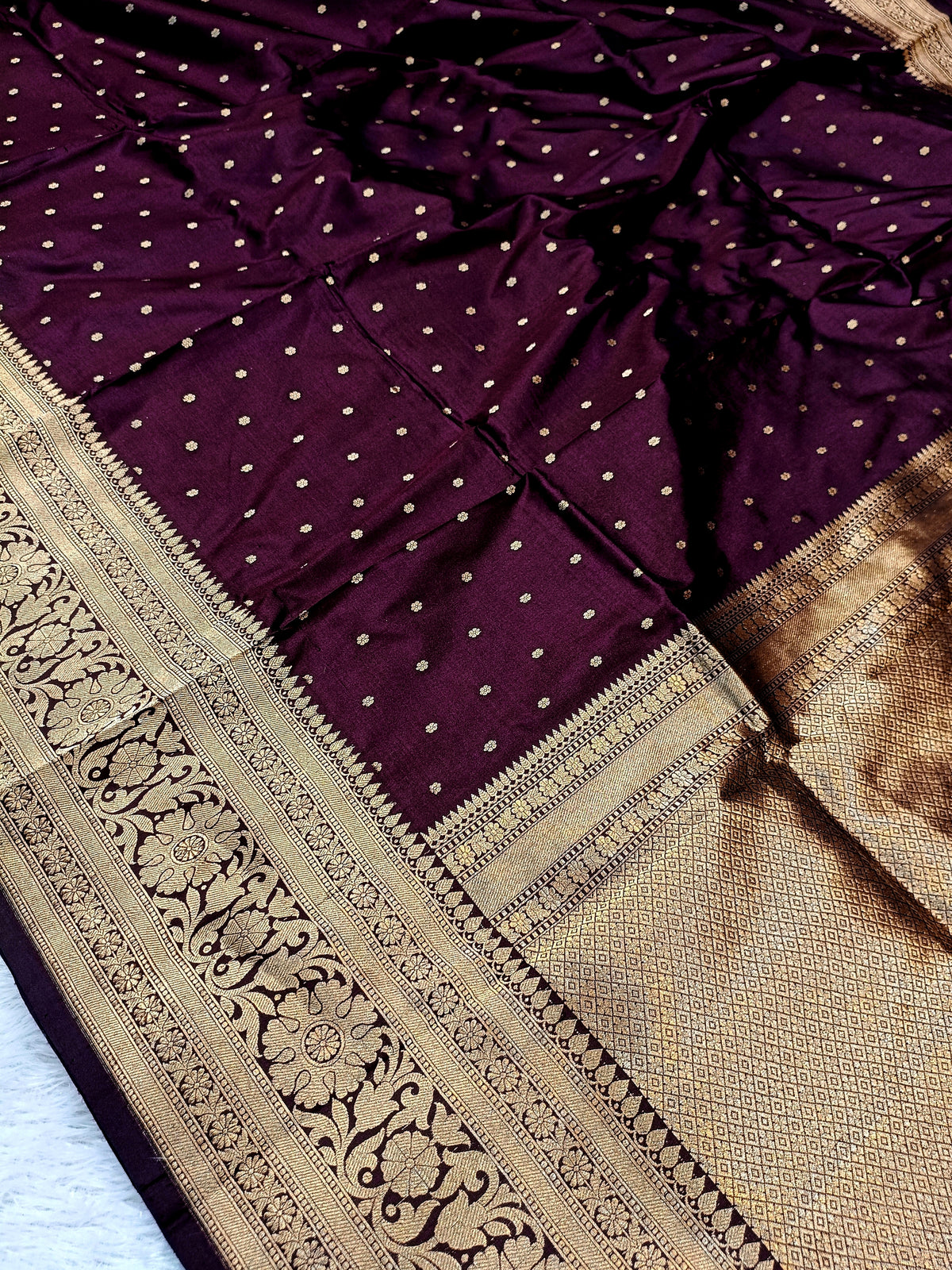 Wine Purple Shade Handwoven High Percentage Kataan Silk Banarasi