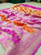 Pink with Orange Shade Handwoven Khaddi Chiffon Georgette Rangkaat Banarasi Saree
