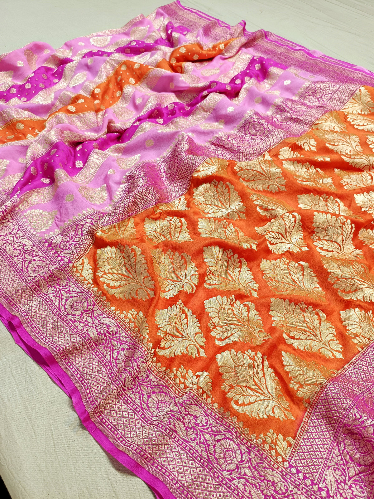 Pink with Orange Shade Handwoven Khaddi Chiffon Georgette Rangkaat Banarasi Saree