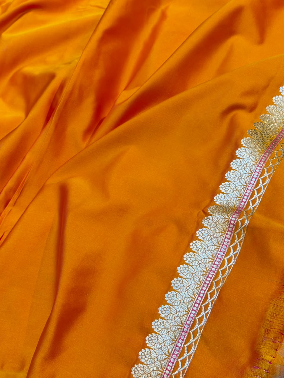 Sunburn Orange Shade Handwoven Kataan Mashru Silk Banarasi