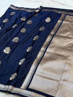 Navy Blue Shade Handwoven Kataan Mashru Silk Banarasi