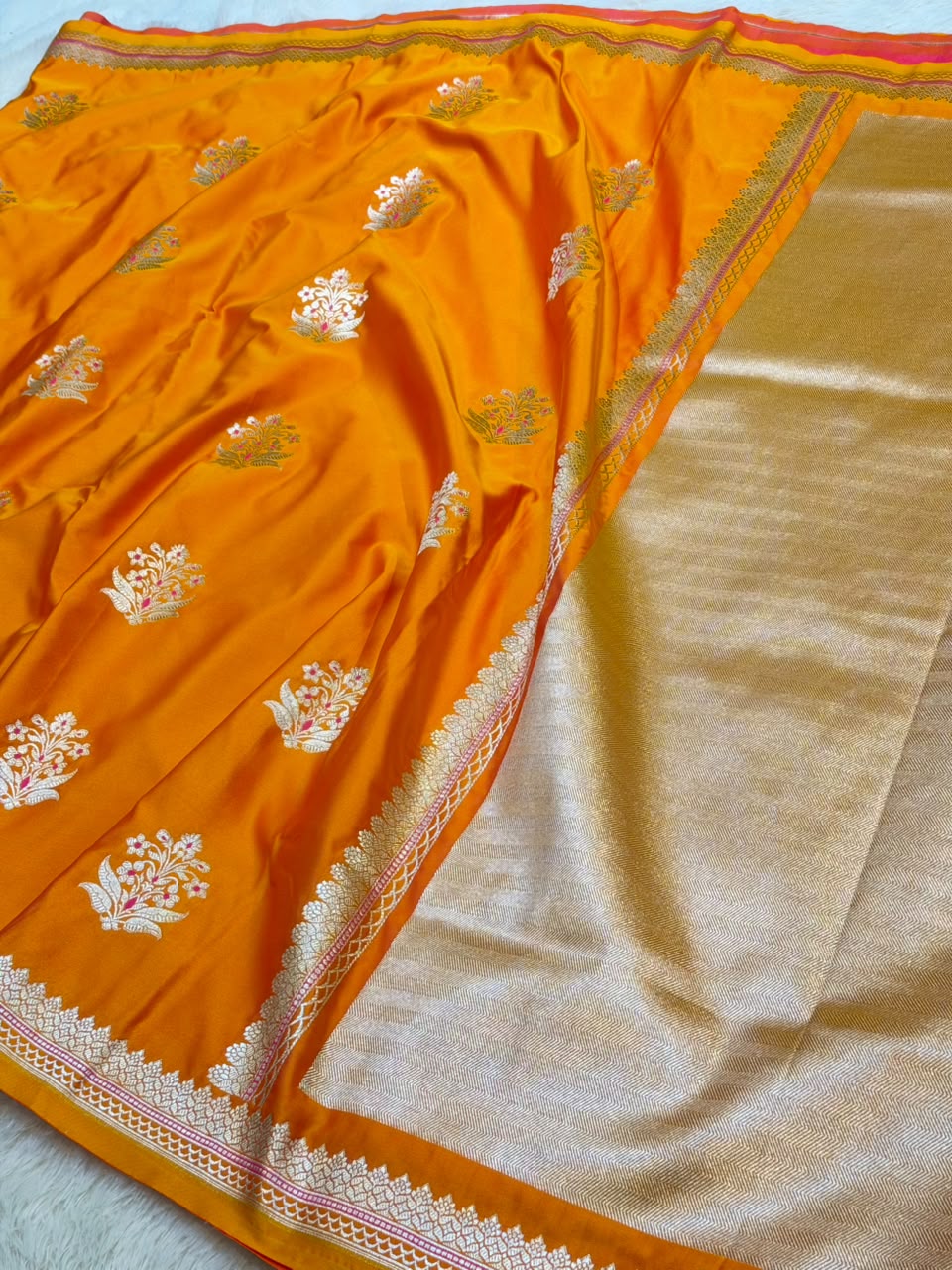 Sunburn Orange Shade Handwoven Kataan Mashru Silk Banarasi