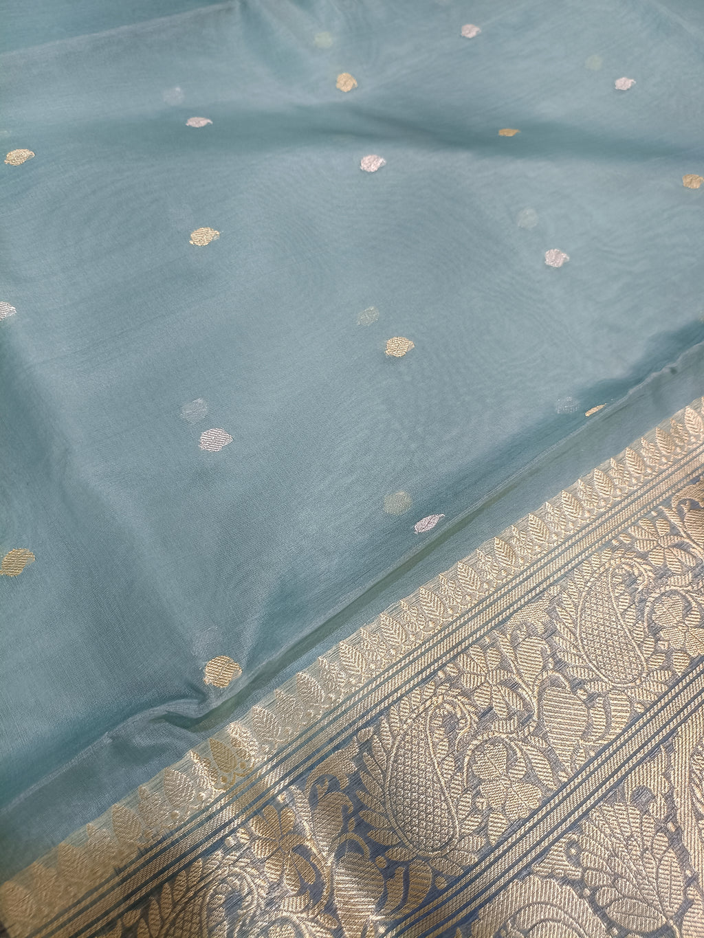 Pure Kora Organza Silk Banarasi Saree with Contrast Floral Border