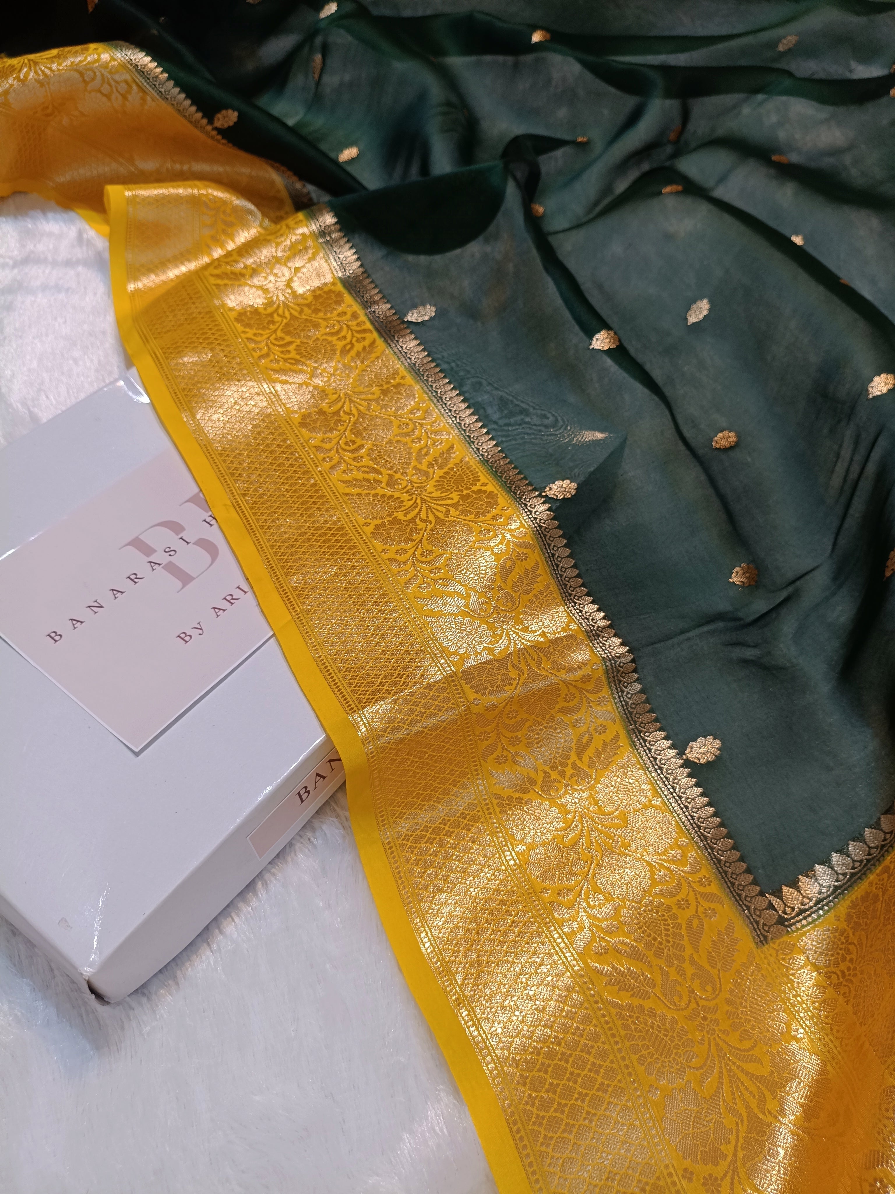 Pure Kora Organza Silk Banarasi Saree with Contrast Floral Border
