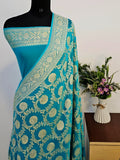 Firozi Blue Shade Handwoven Water Zari Khaddi Chiffon Georgette Saree