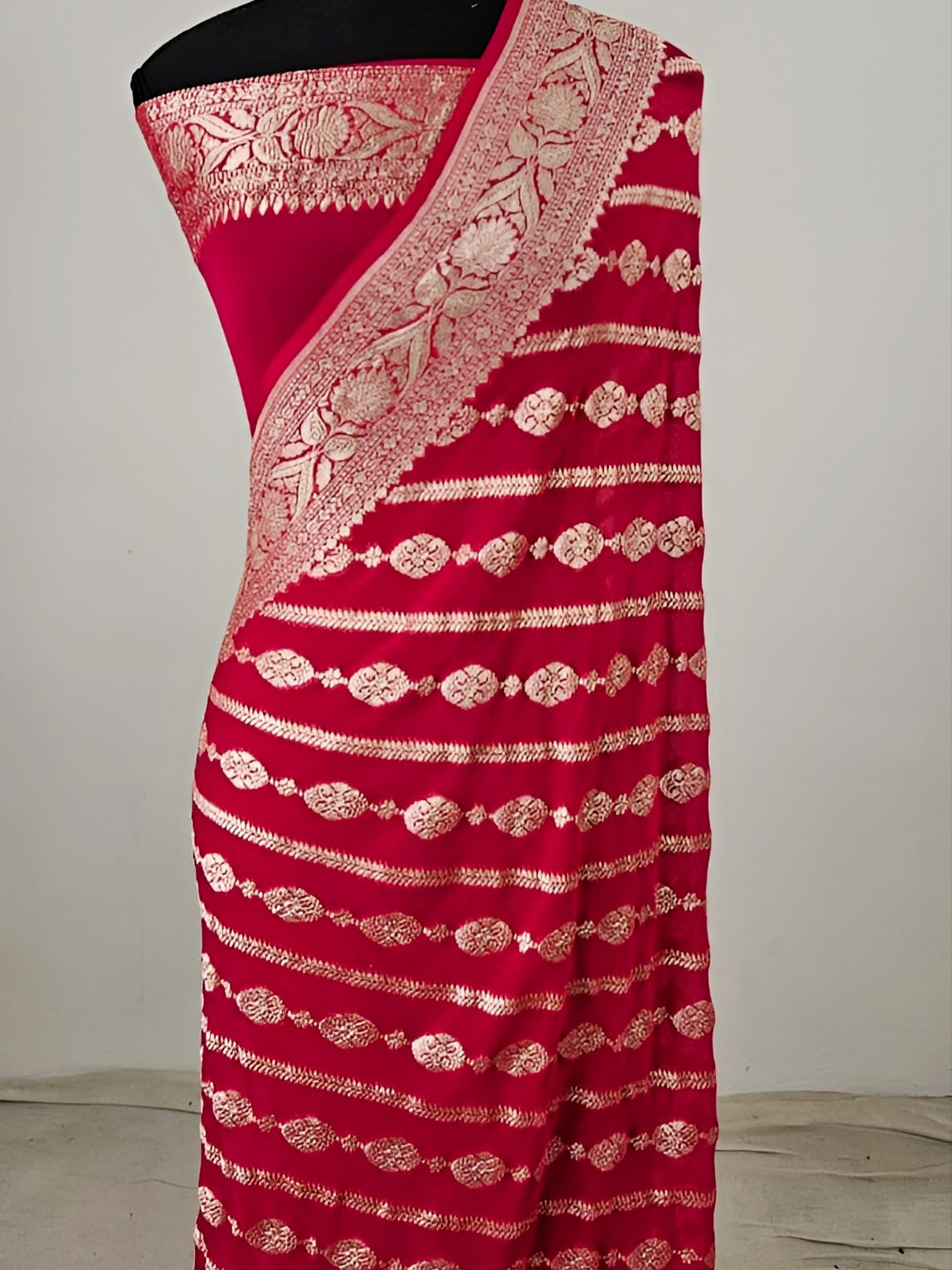 Strawberry Red Shade Handwoven Water Zari Khaddi Chiffon Georgette Saree