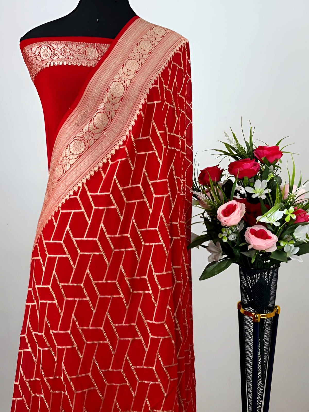 Bridal Red Shade Handwoven Water Zari Khaddi Chiffon Georgette Saree