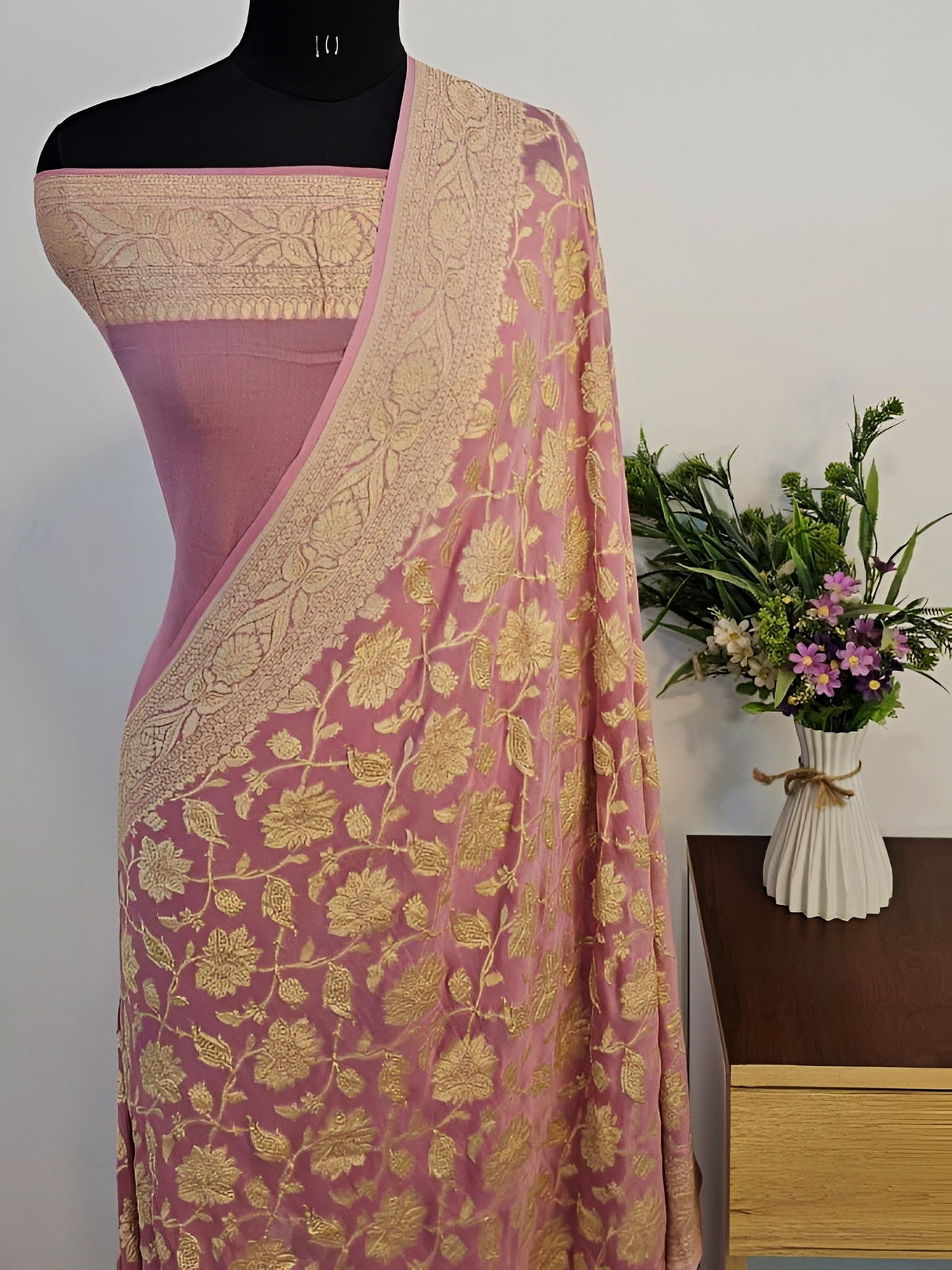 Peach Shade Handwoven Water Zari Khaddi Chiffon Georgette Banarasi