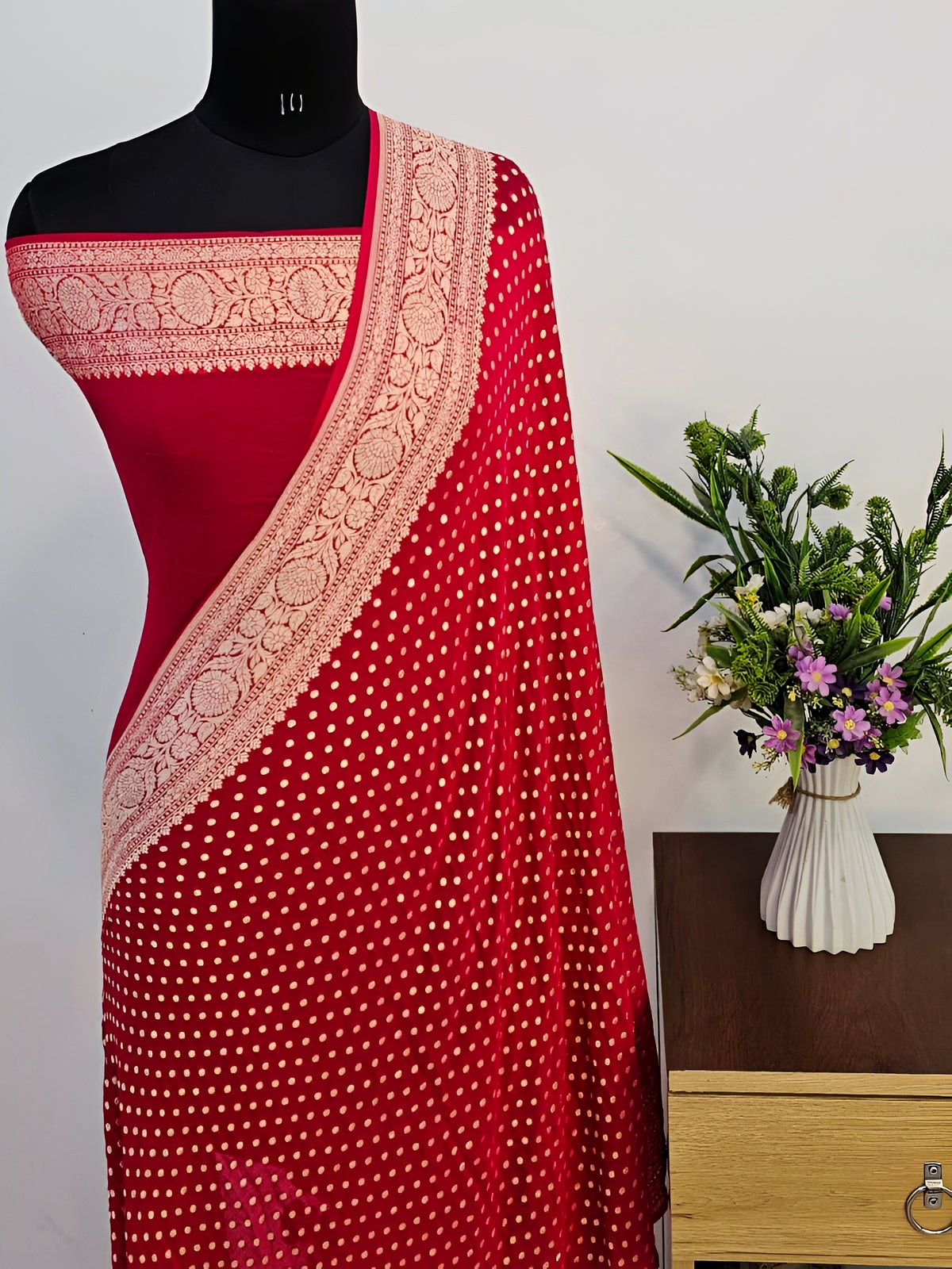 Bridal Red Shade Handwoven Water Zari Khaddi Chiffon Georgette Saree